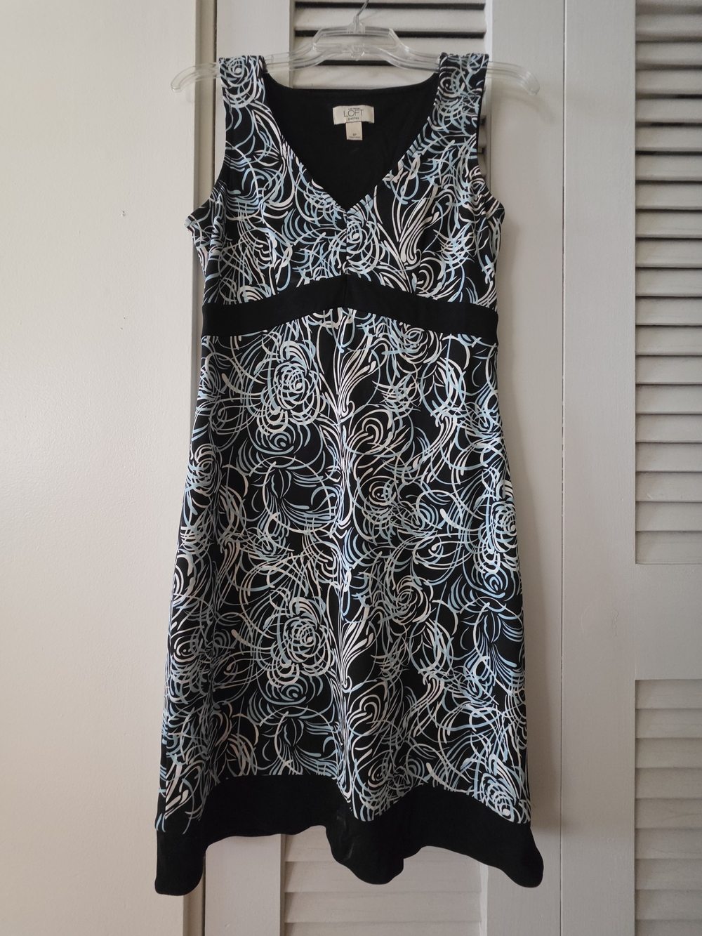 LOFT Black Dress with White & Light Blue Floral Swirl Print